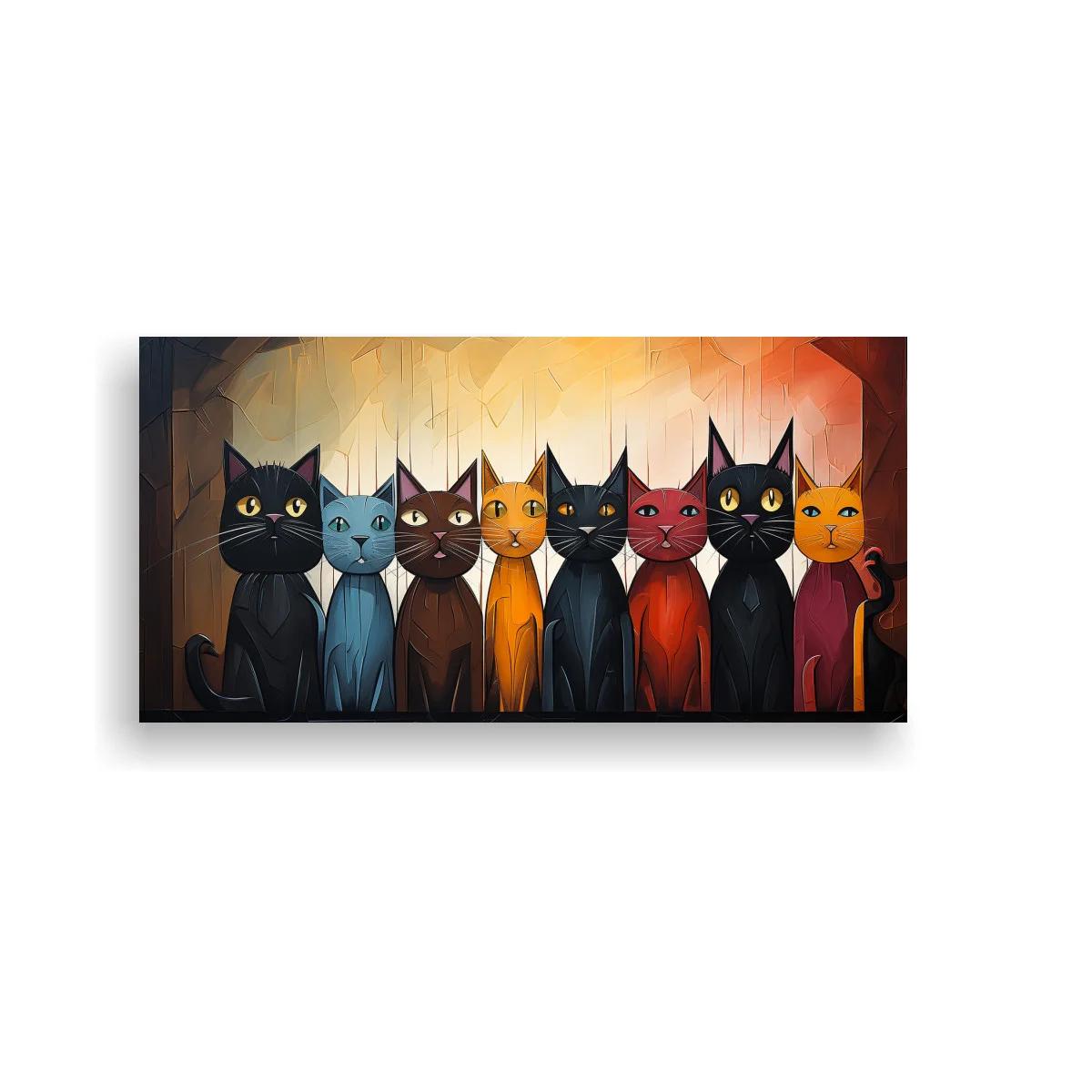 Cuadro gatos sentados en fila horizontal con fondo geométrico facetado — imagen principal