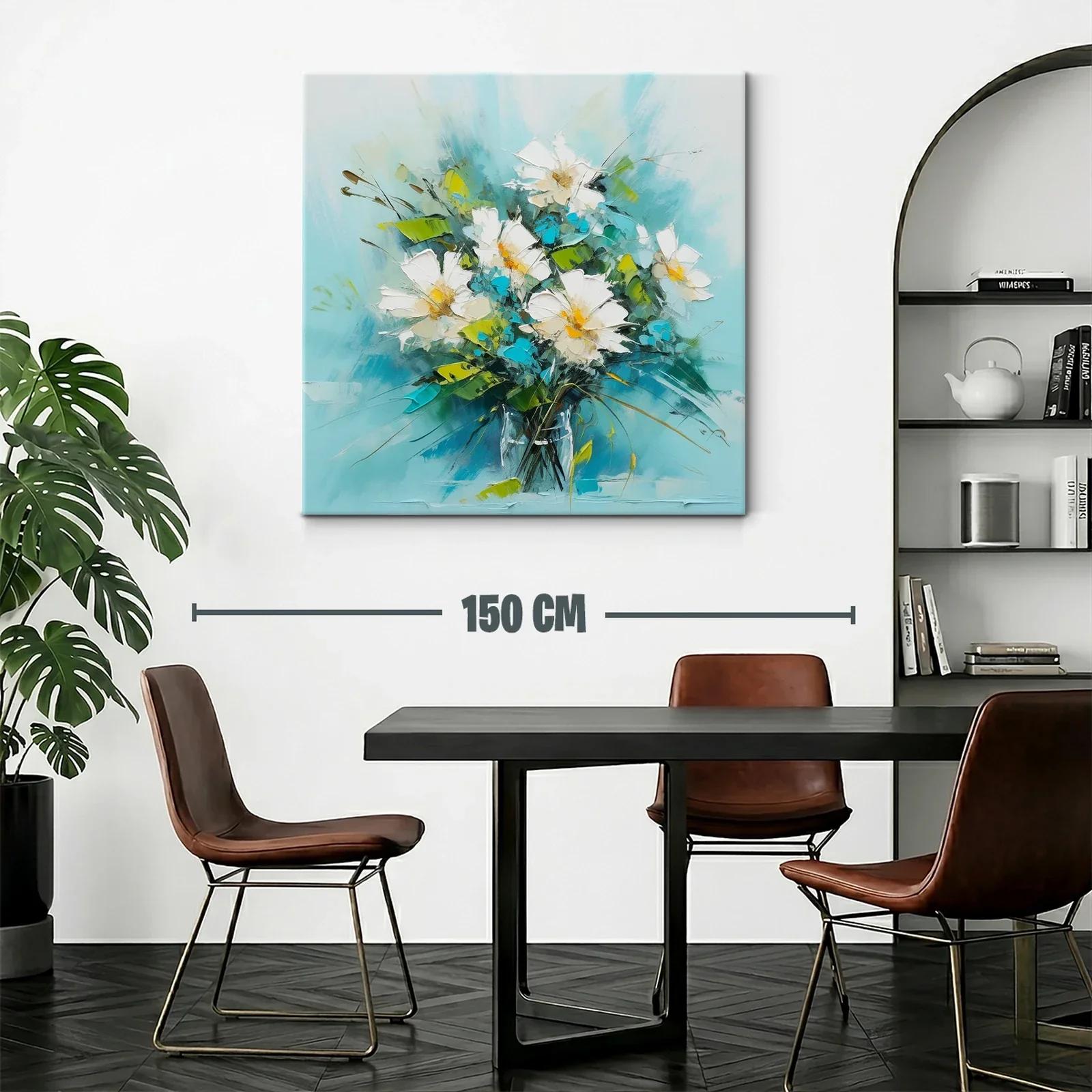 Cuadro de flores blancas con brillo turquesa y verde — miniatura 2