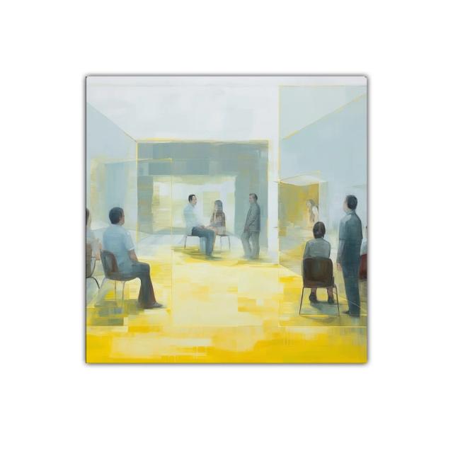 Cuadro contemporáneo con figuras en espacio geométrico luminoso