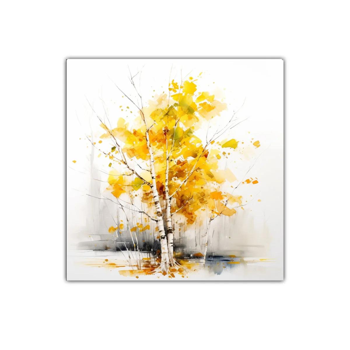 Cuadro decorativo con árbol y hojas otoñales en tonos amarillos