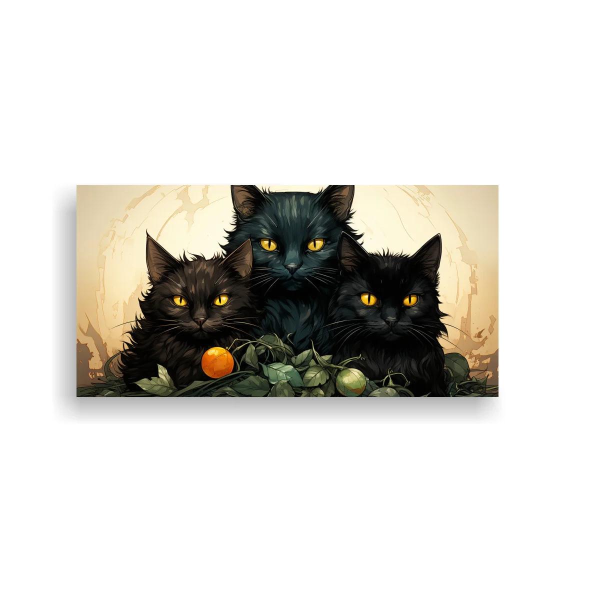 Cuadro tres gatos negros con ojos amarillos y follaje oscuro — imagen principal