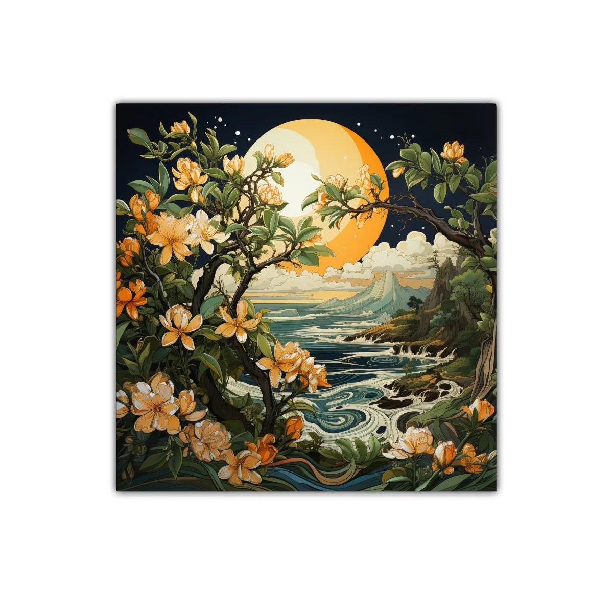 Paisaje con flores doradas y luna llena sobre el mar — imagen principal