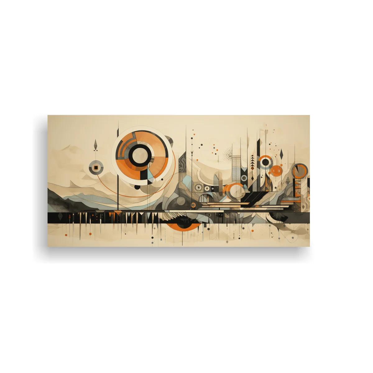 Cuadro paisaje urbano abstracto con gran círculo y líneas geométricas
