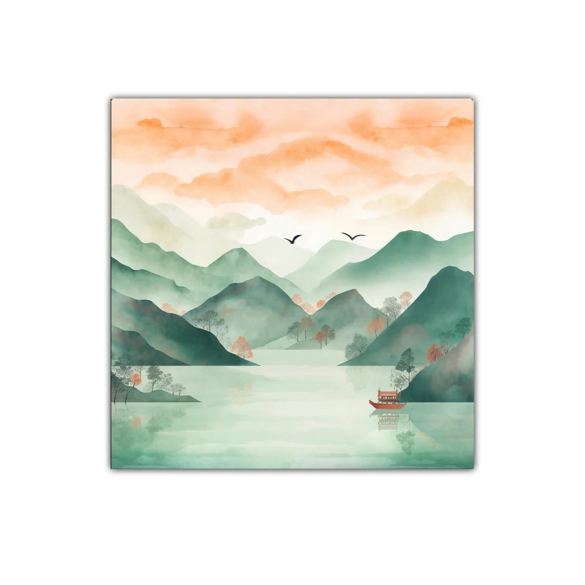 Serena escena de montañas y lago con tonos pastel cálidos — imagen principal