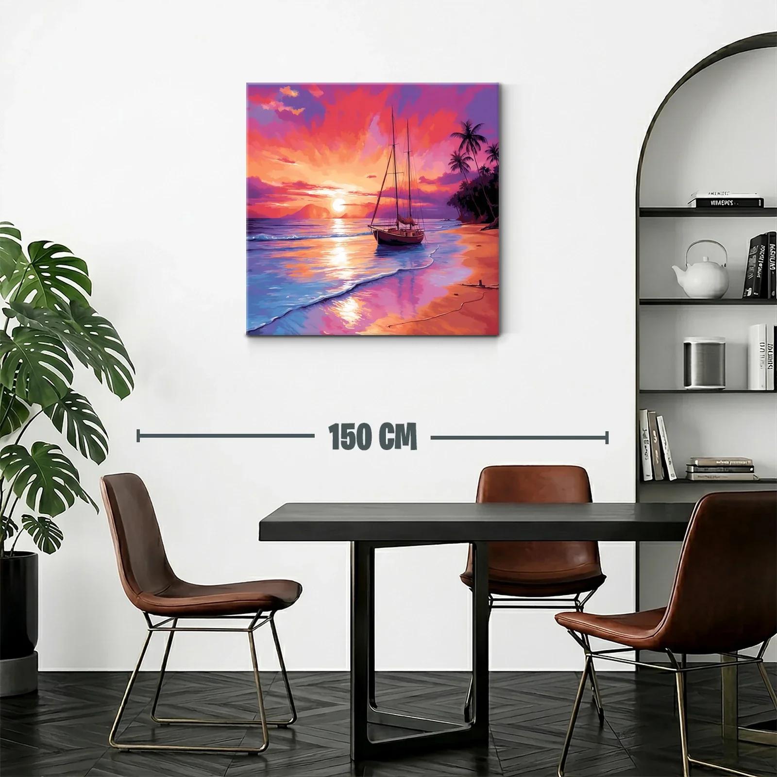 Atardecer vibrante con velero y palmeras en la playa — miniatura 2