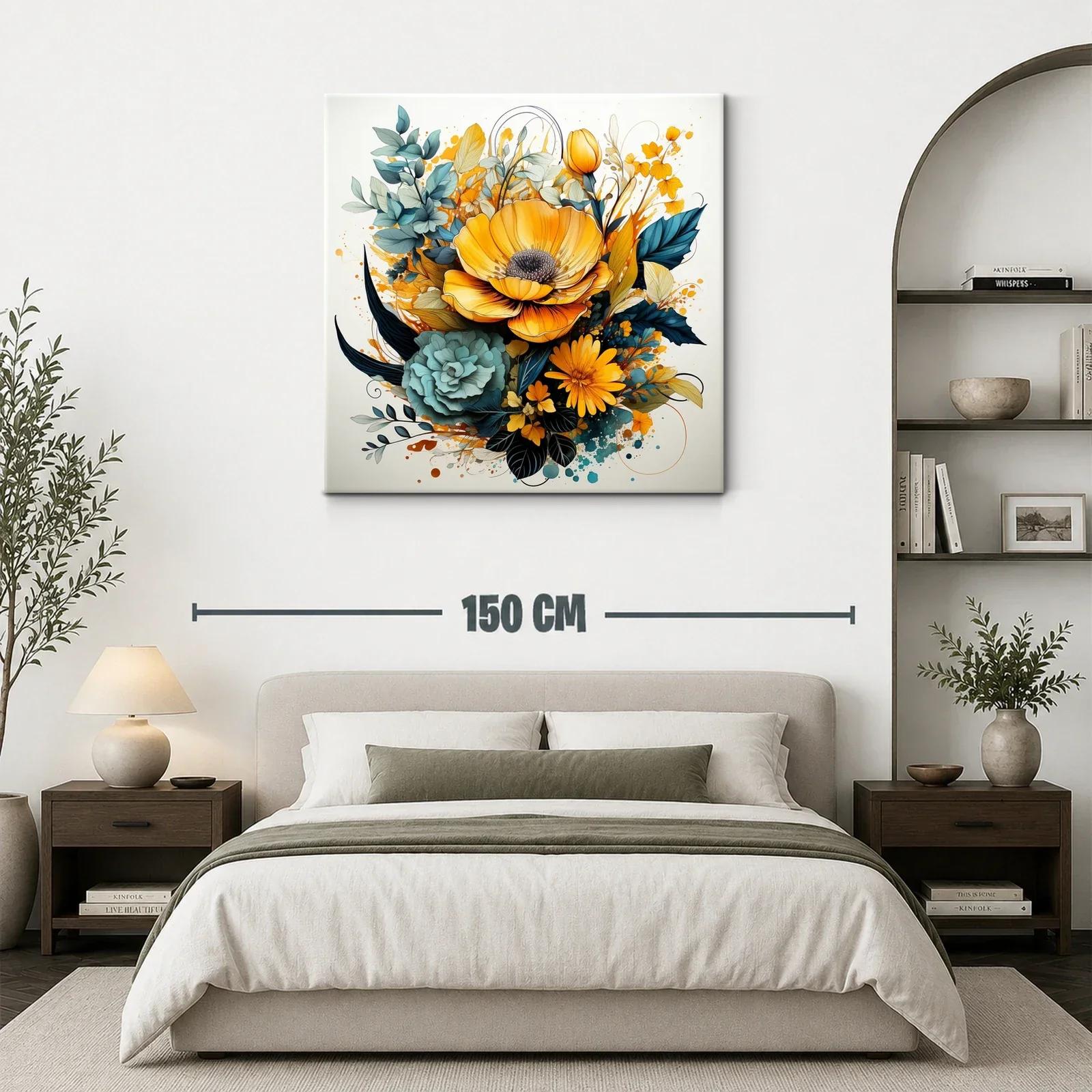 Cuadro floral vibrante con tonos amarillos y verdes azules — miniatura 3