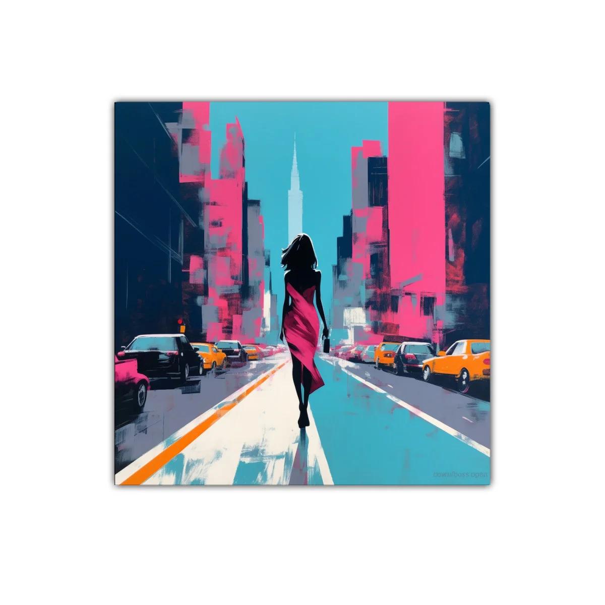 Mujer en vestido fucsia caminando por ciudad vibrante