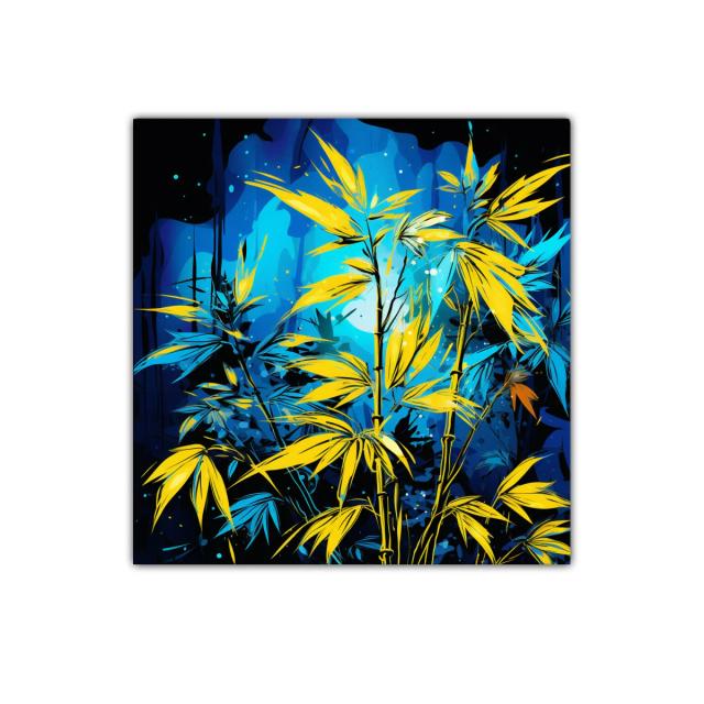 Bambú vibrante con contrastes azul y amarillo intenso