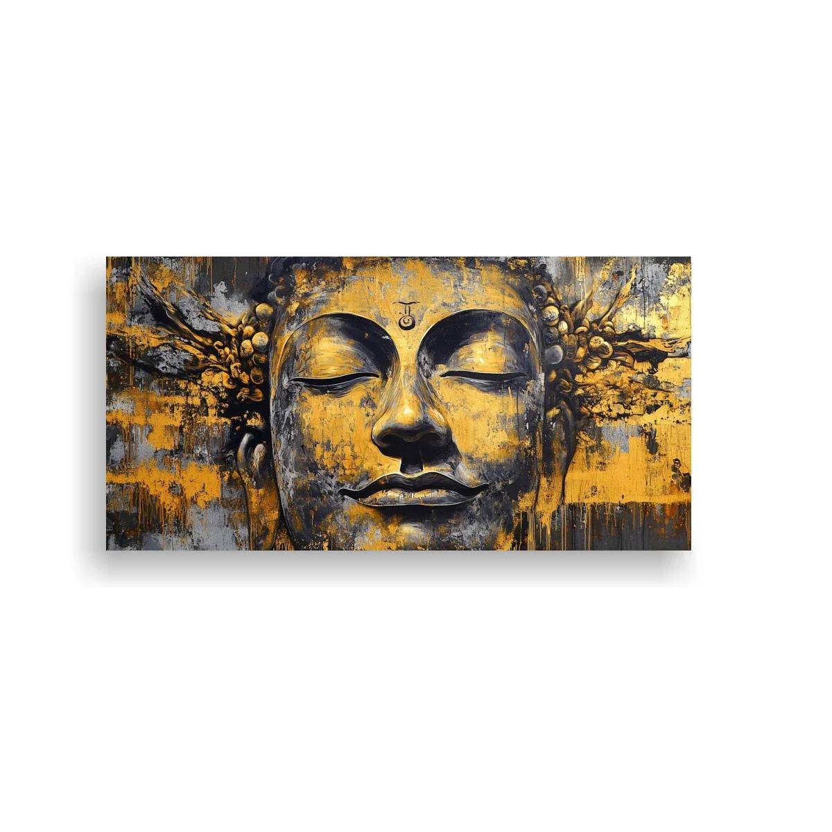 Cuadro rostro de Buda con fondo dorado y pinceladas expresivas
