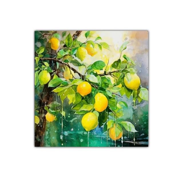 Cuadro con limones vibrantes en ramas verdes frescas