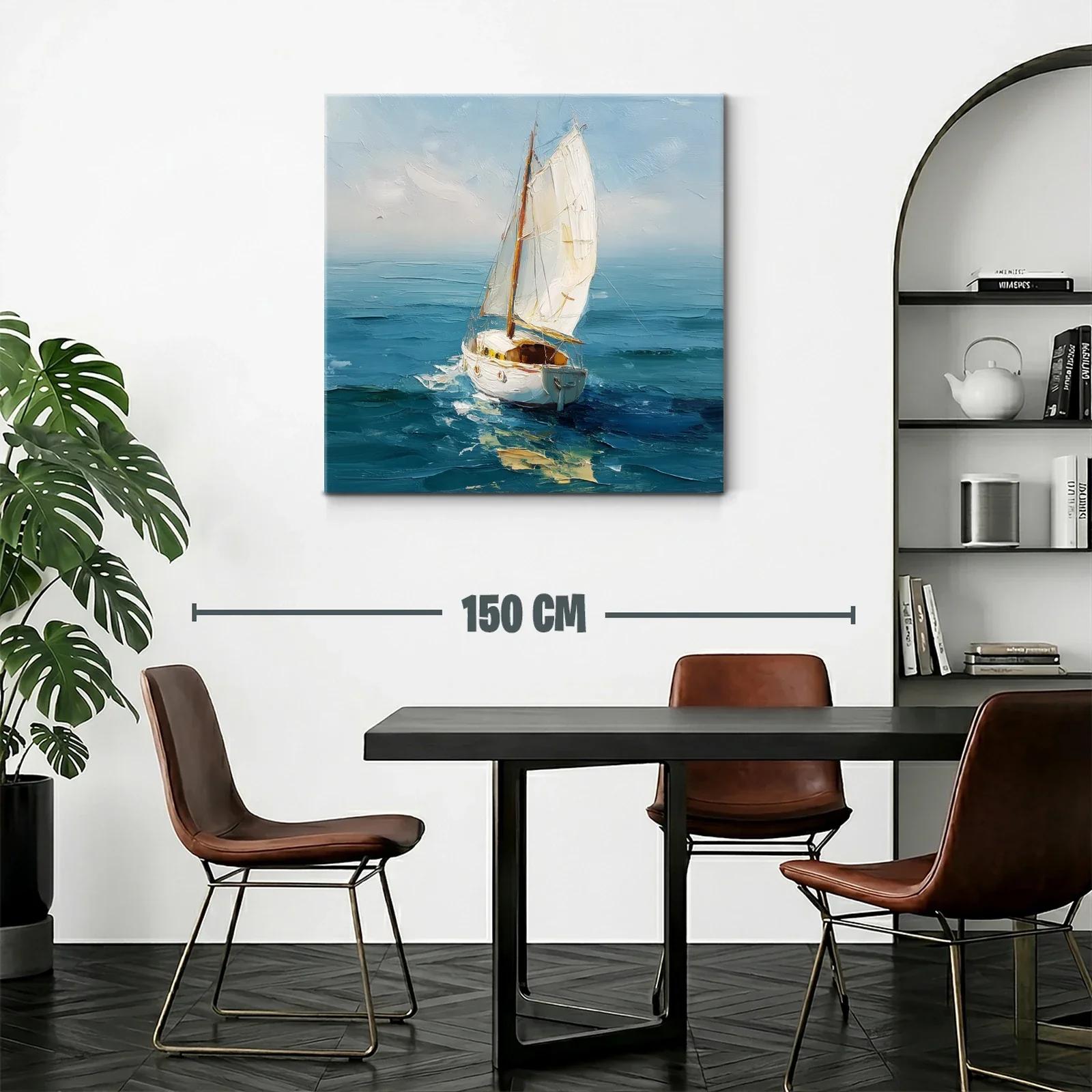 Vela blanca surcando el mar en tonos azules y celestes — miniatura 2