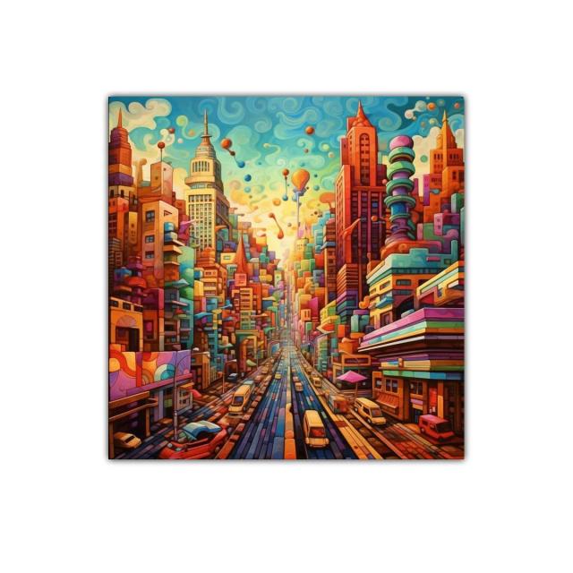 Ciudad vibrante con edificaciones coloridas y tráfico dinámico