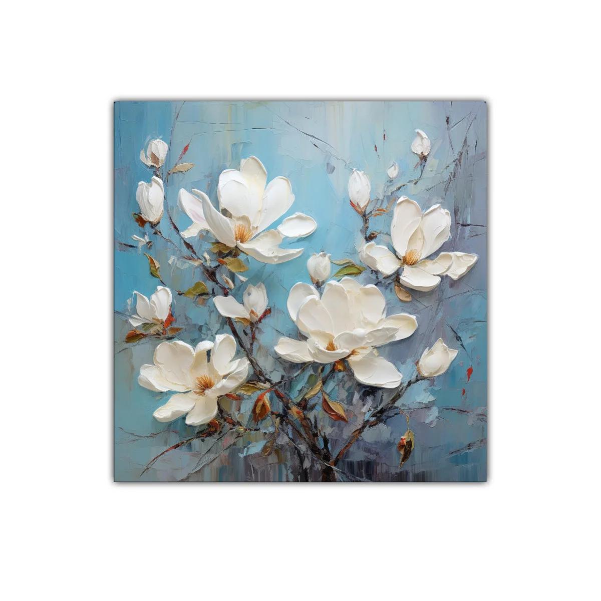 Cuadro con delicadas flores blancas sobre fondo azul — imagen principal