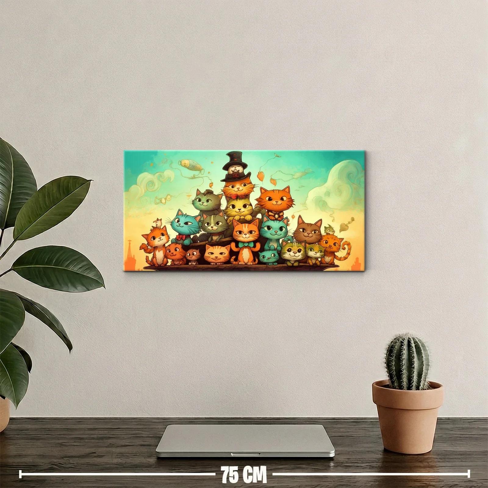 Cuadro grupo de gatos caricaturescos con pez volador — miniatura 2