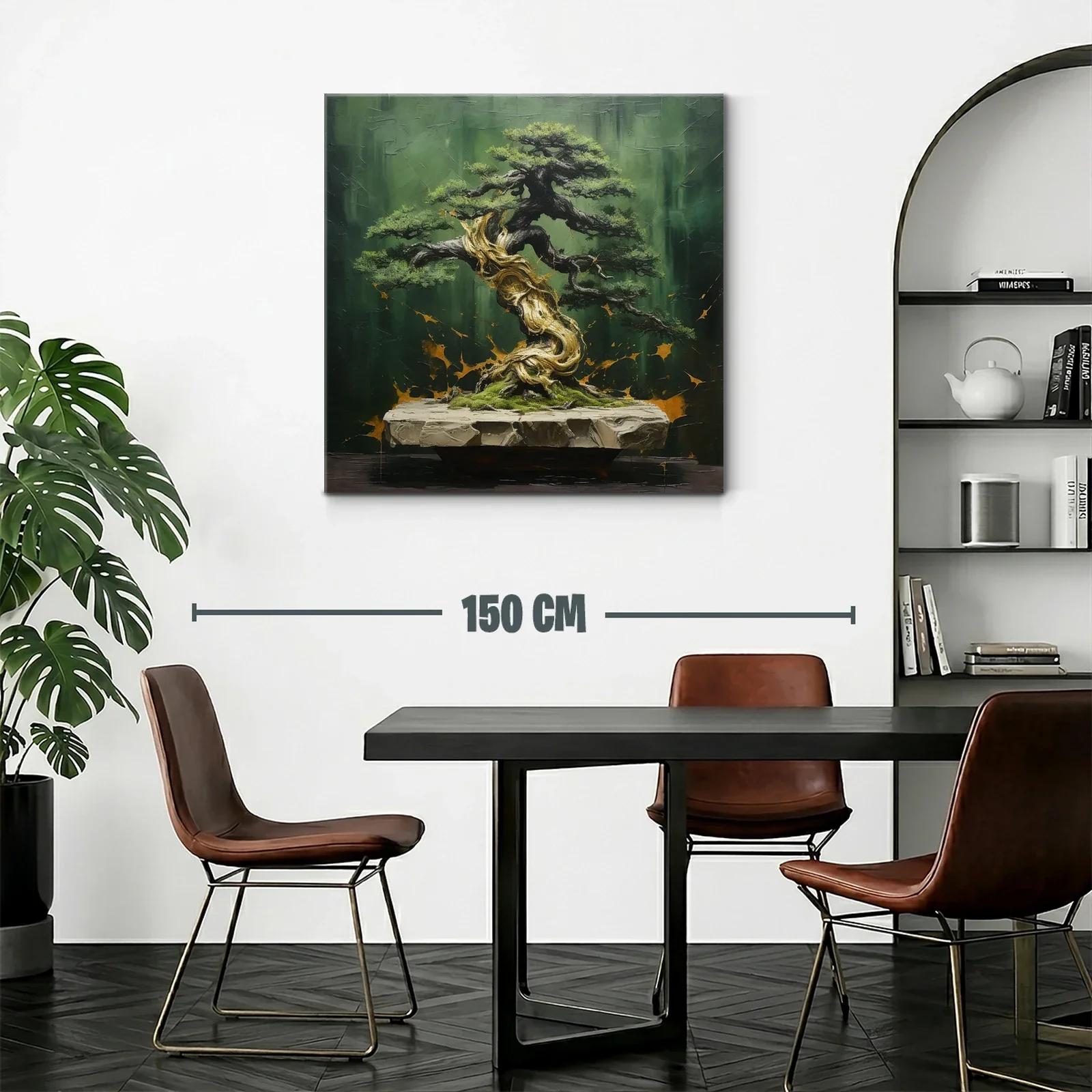 Cuadro árbol bonsái con tonos verdes y dorados — miniatura 2