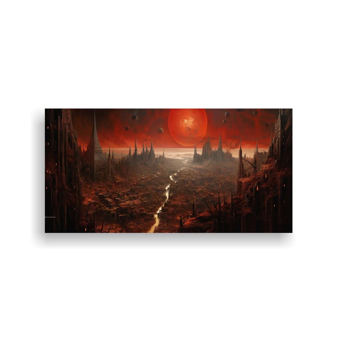 Cuadro paisaje apocalíptico con sol rojo y torres oscuras