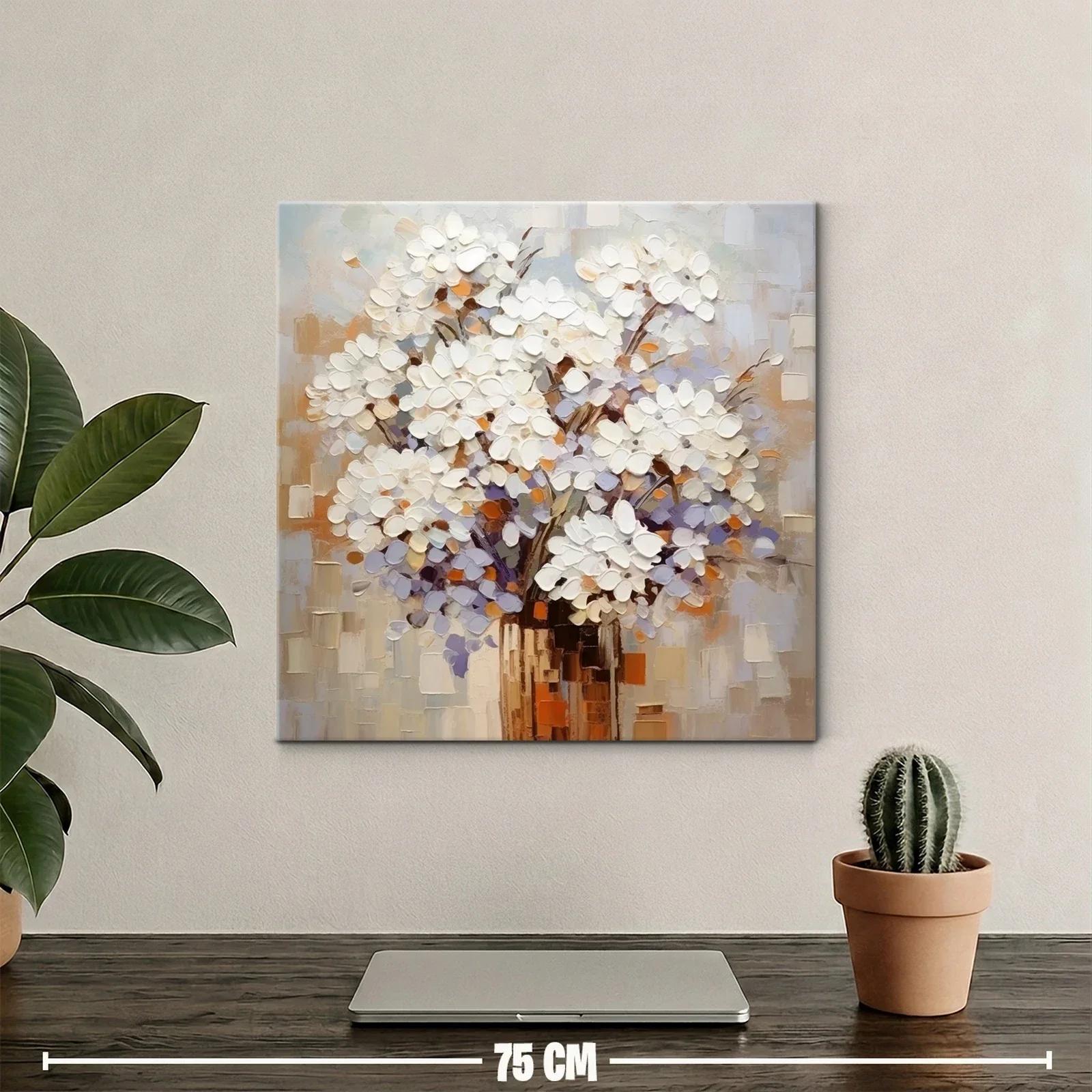 Cuadro moderno con ramo de flores blancas y tonos cálidos — miniatura 2