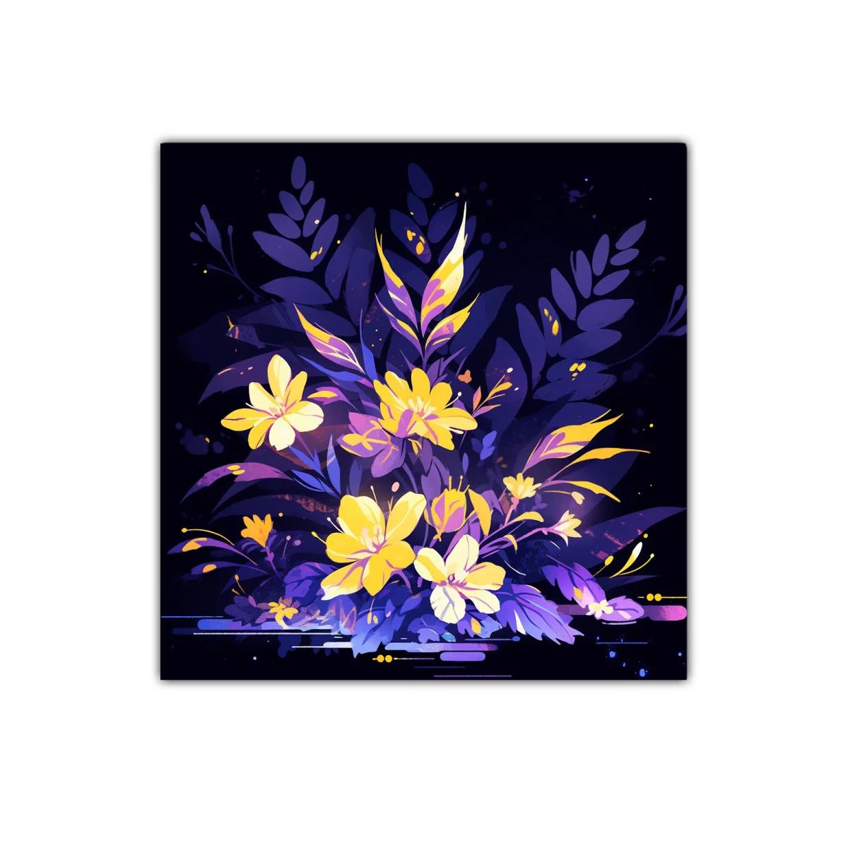 Cuadro ramo de flores amarillas y violetas con hojas puntiagudas