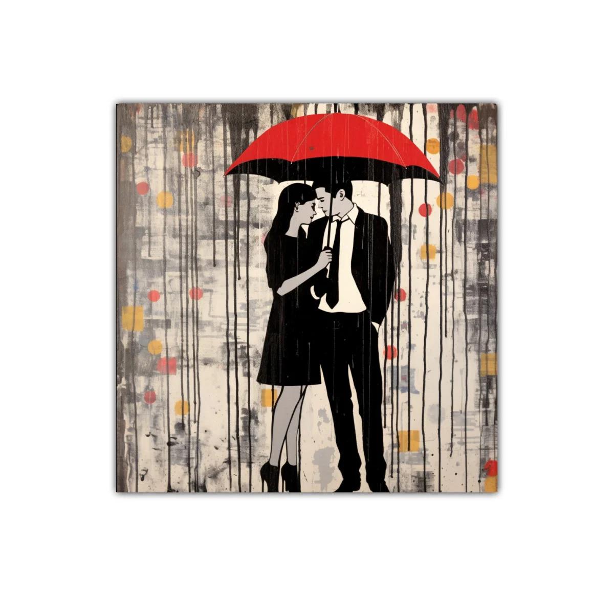 Pareja bajo paraguas rojo en escena urbana lluviosa — imagen principal