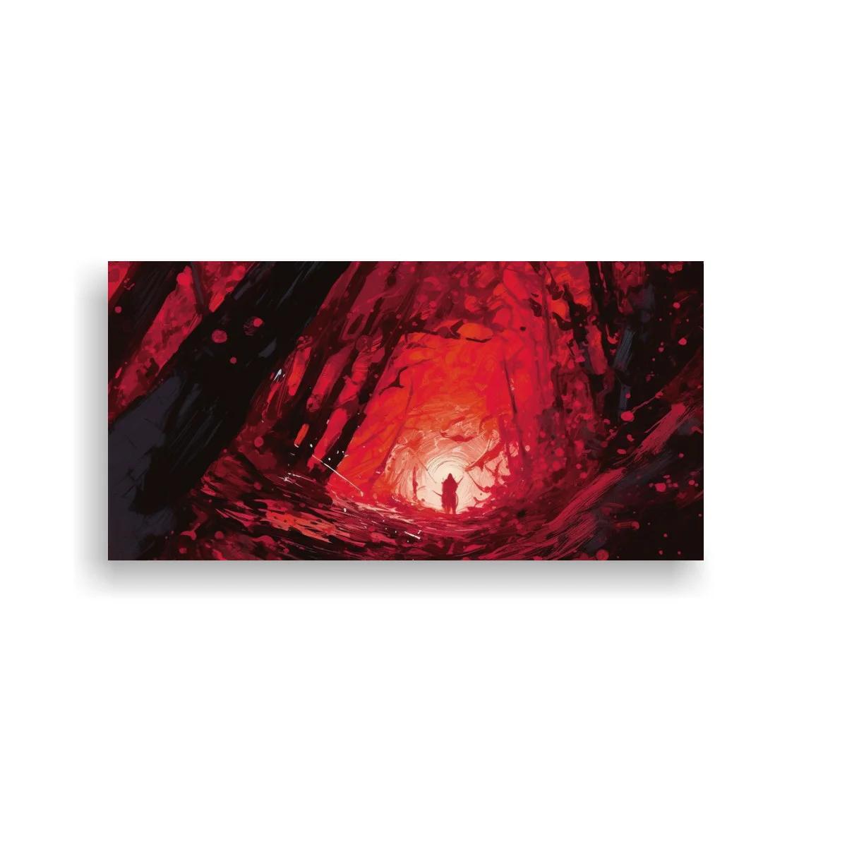 Cuadro figura humana en bosque rojo con troncos inclinados