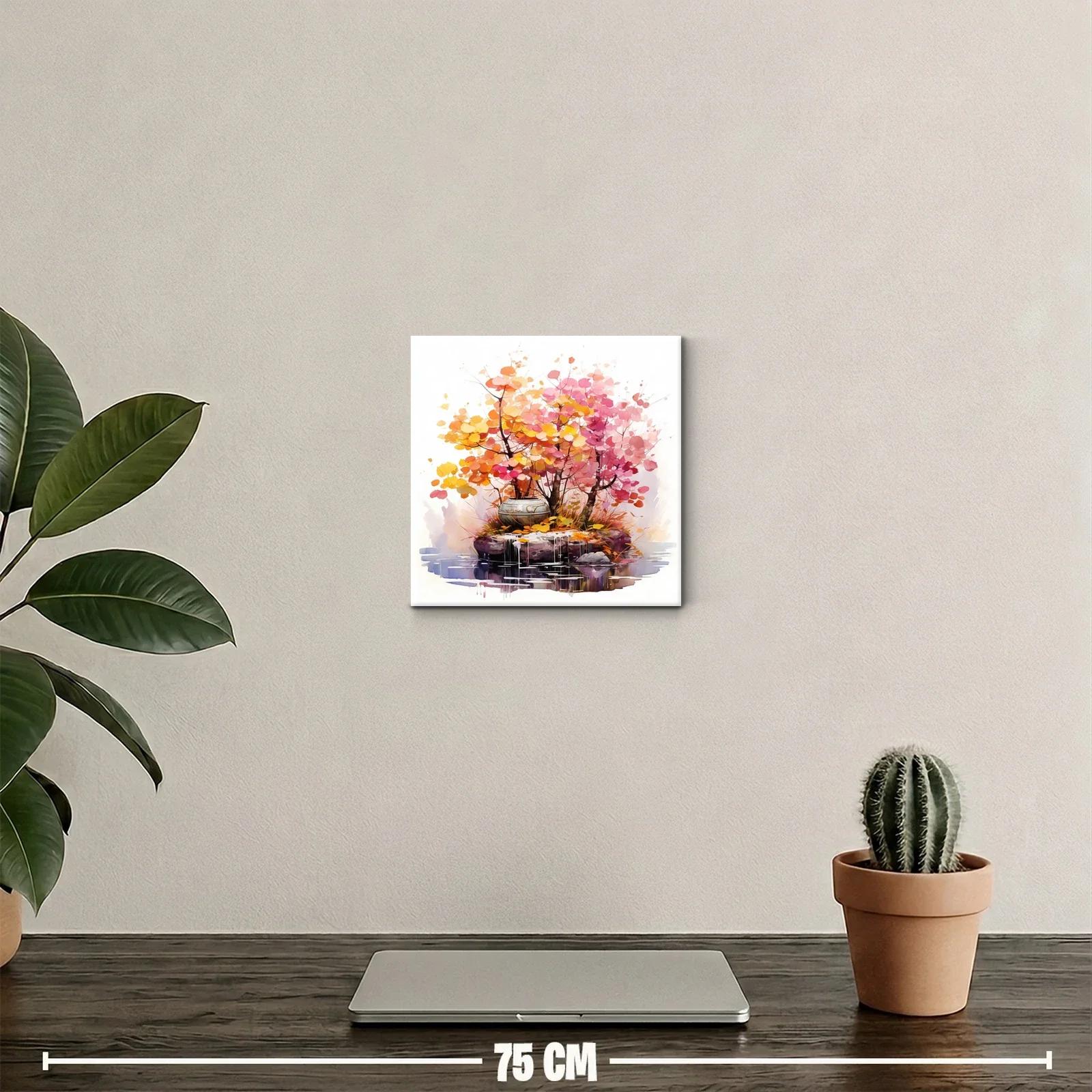 Cuadro decorativo árboles en tonos cálidos sobre agua reflejada — miniatura 2