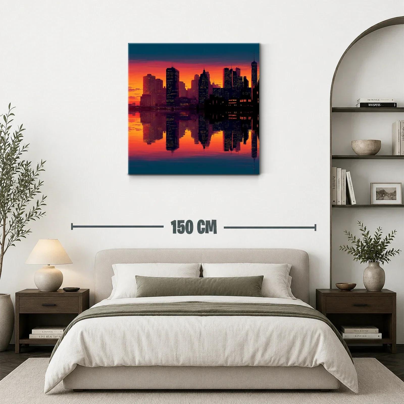 Atardecer vibrante sobre ciudad con reflejo en agua — miniatura 3