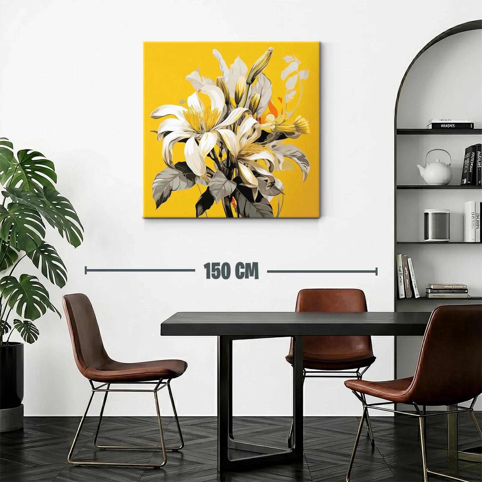 Cuadro floral con lirios blancos sobre fondo amarillo vibrante — miniatura 2