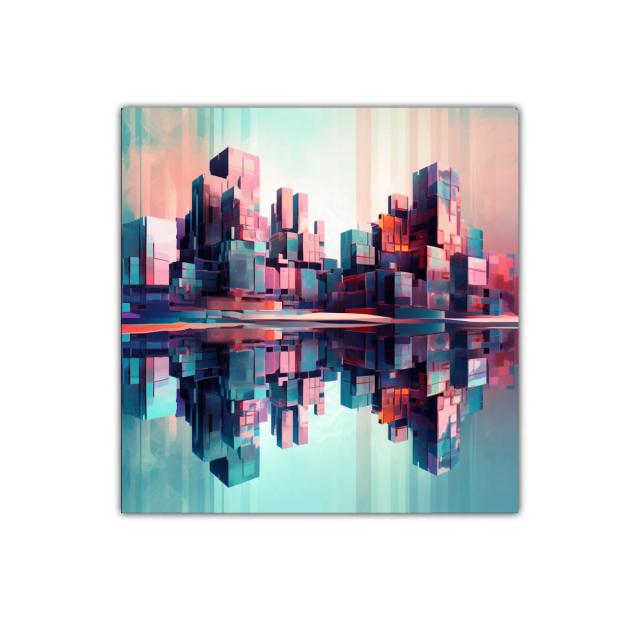 Ciudad futurista reflejada en tonos vibrantes y suaves