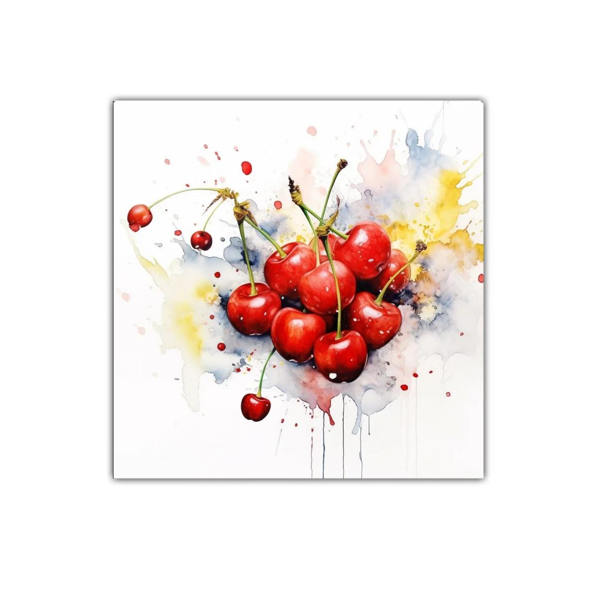 Cuadro decorativo de cerezas vibrantes con salpicaduras de color