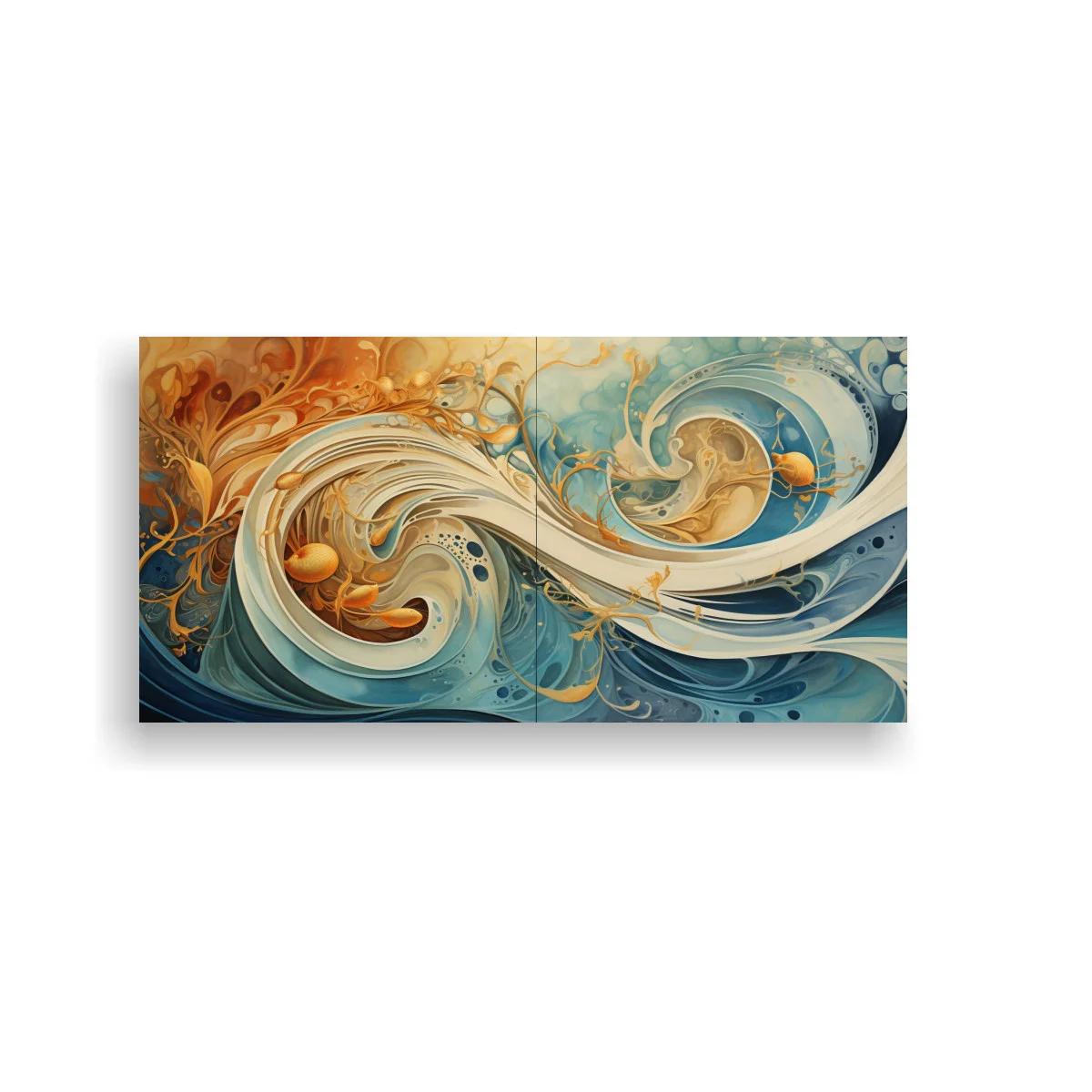Cuadro olas abstractas con espirales y orbes dorados — imagen principal