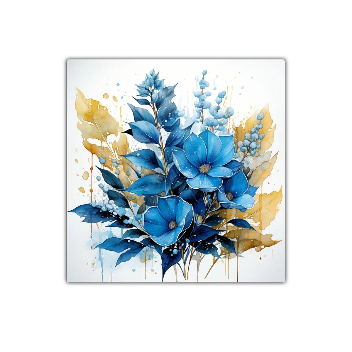 Floral azul intenso con hojas doradas vibrantes — imagen principal