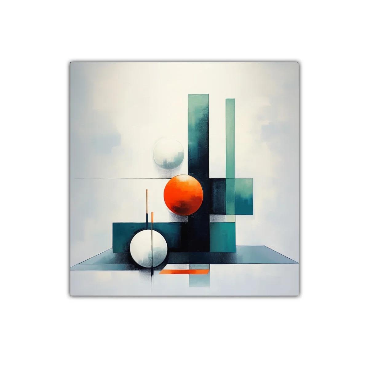 Composición geométrica con esferas y líneas verticales en tonos fríos — imagen principal