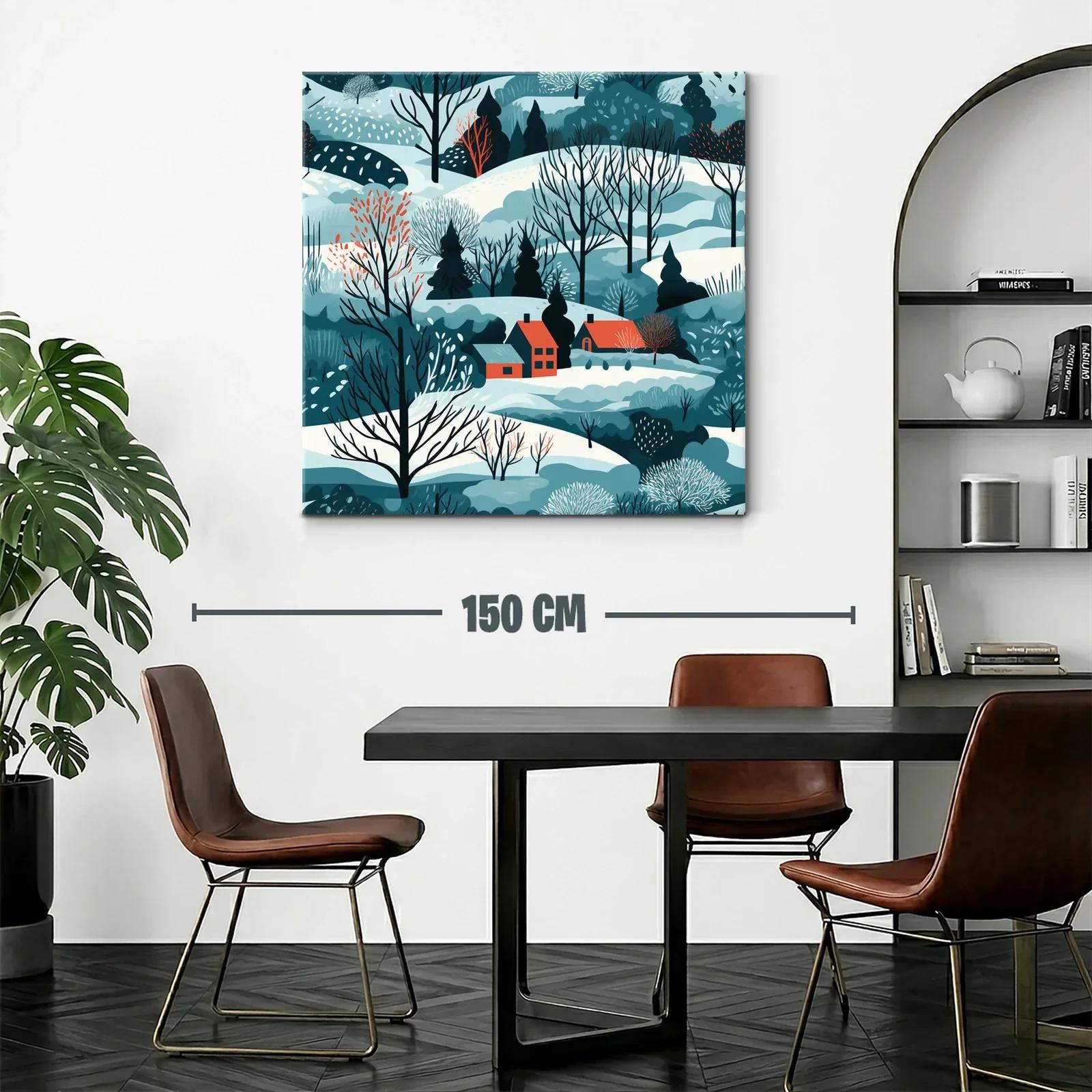 Paisaje invernal con casas y árboles desnudos en tonos fríos — miniatura 2
