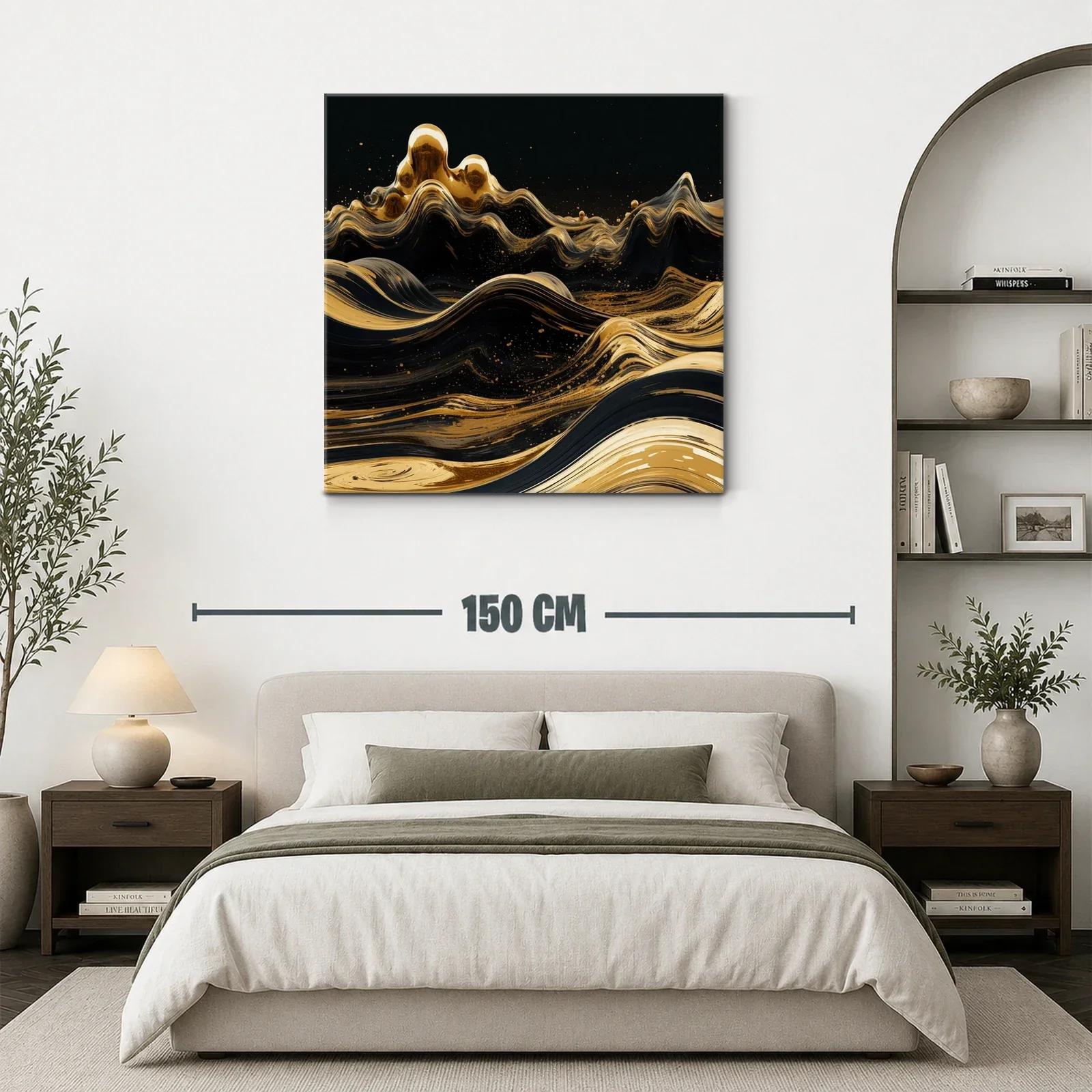 Cuadro abstracto con olas doradas sobre fondo negro — miniatura 3