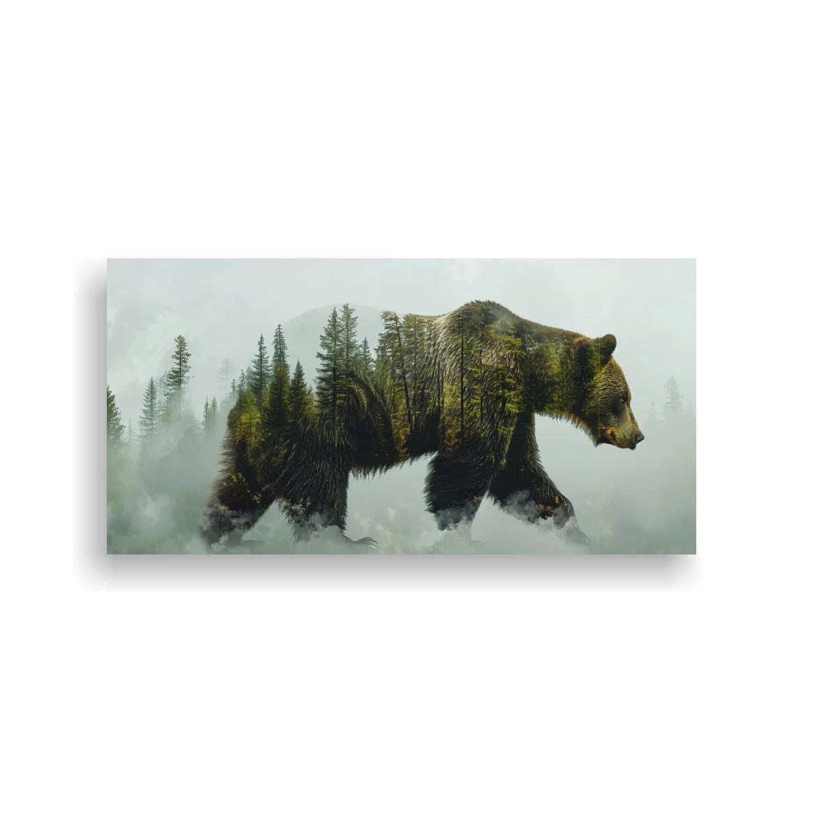 Cuadro oso pardo con bosque y montaña entre niebla