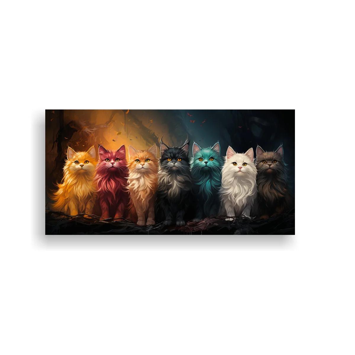 Cuadro grupo de gatos de pelo largo con luces cálidas