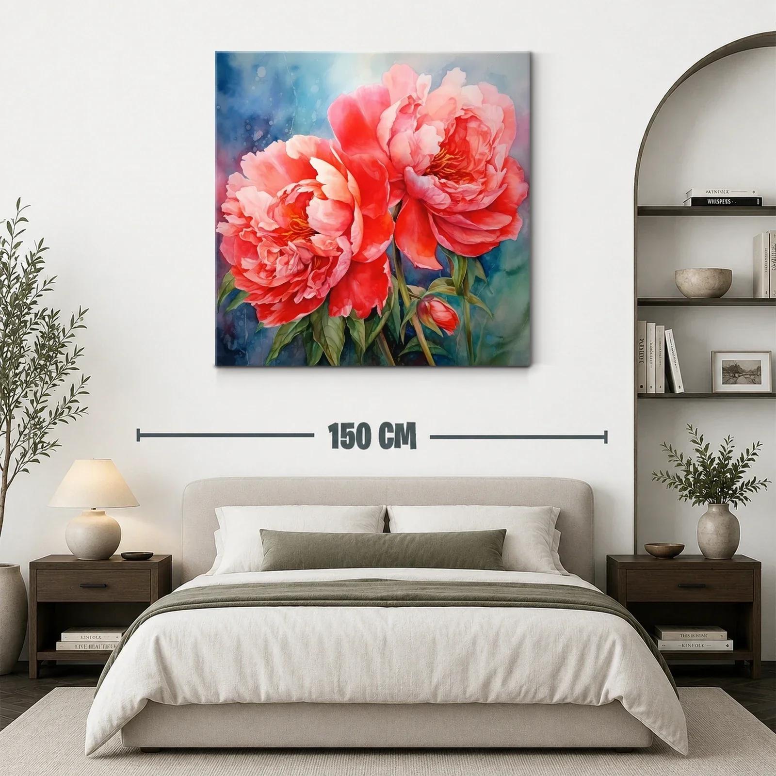 Cuadro floral con peonías vibrantes y fondo azul difuminado — miniatura 3
