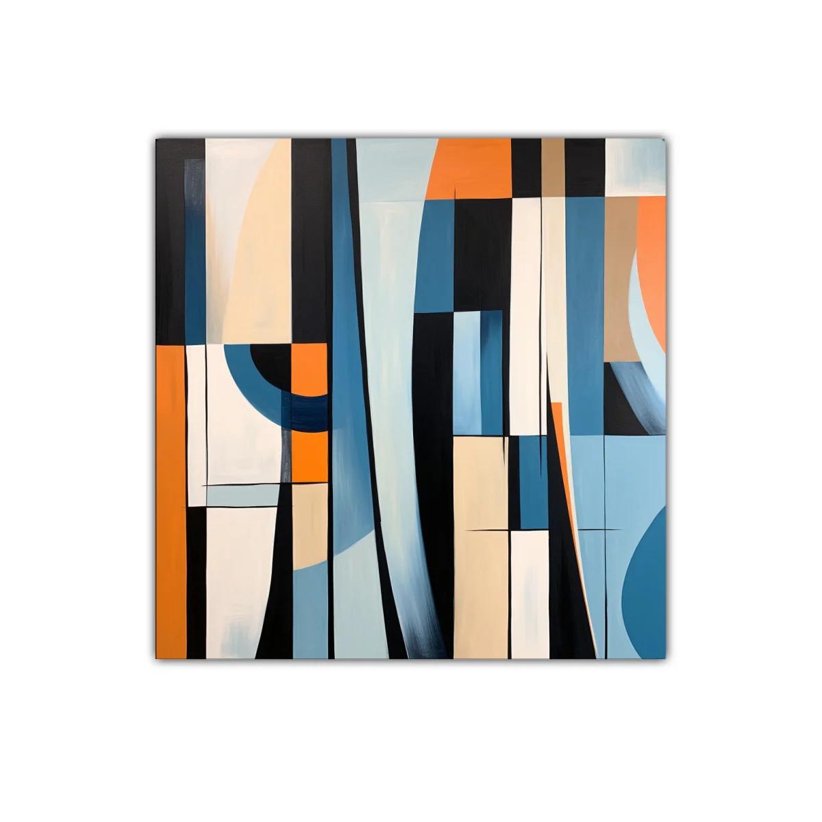Cuadro abstracto con formas geométricas en tonos azul y naranja