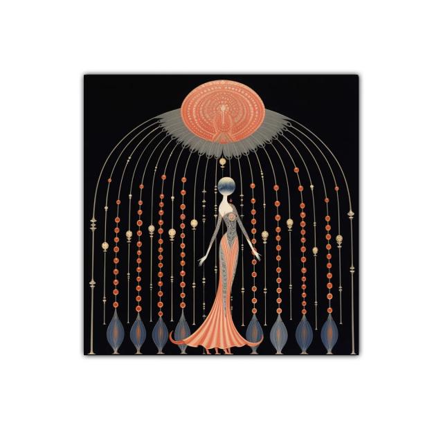 Figura estilizada con motivos geométricos y colores tenues