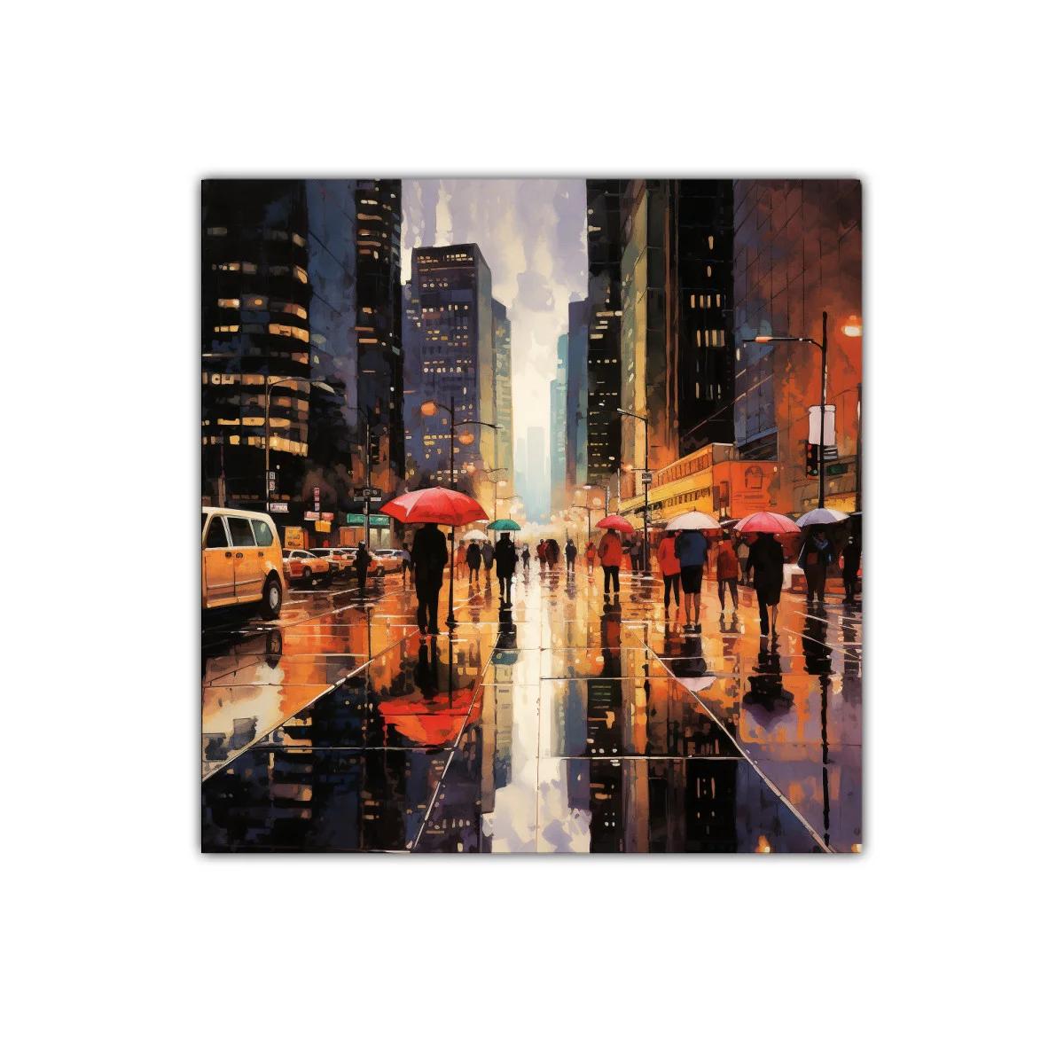 Calle urbana con paraguas sobre pavimento mojado — imagen principal