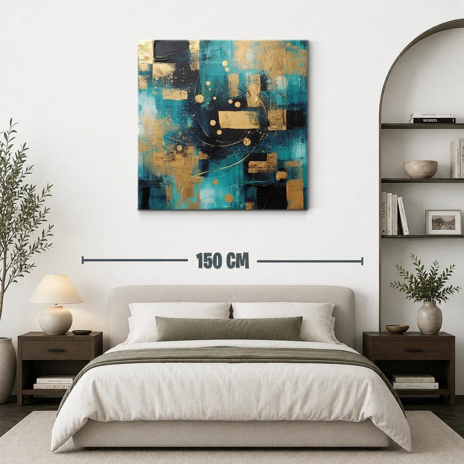Cuadro abstracto con tonos azul turquesa y dorado — miniatura 3
