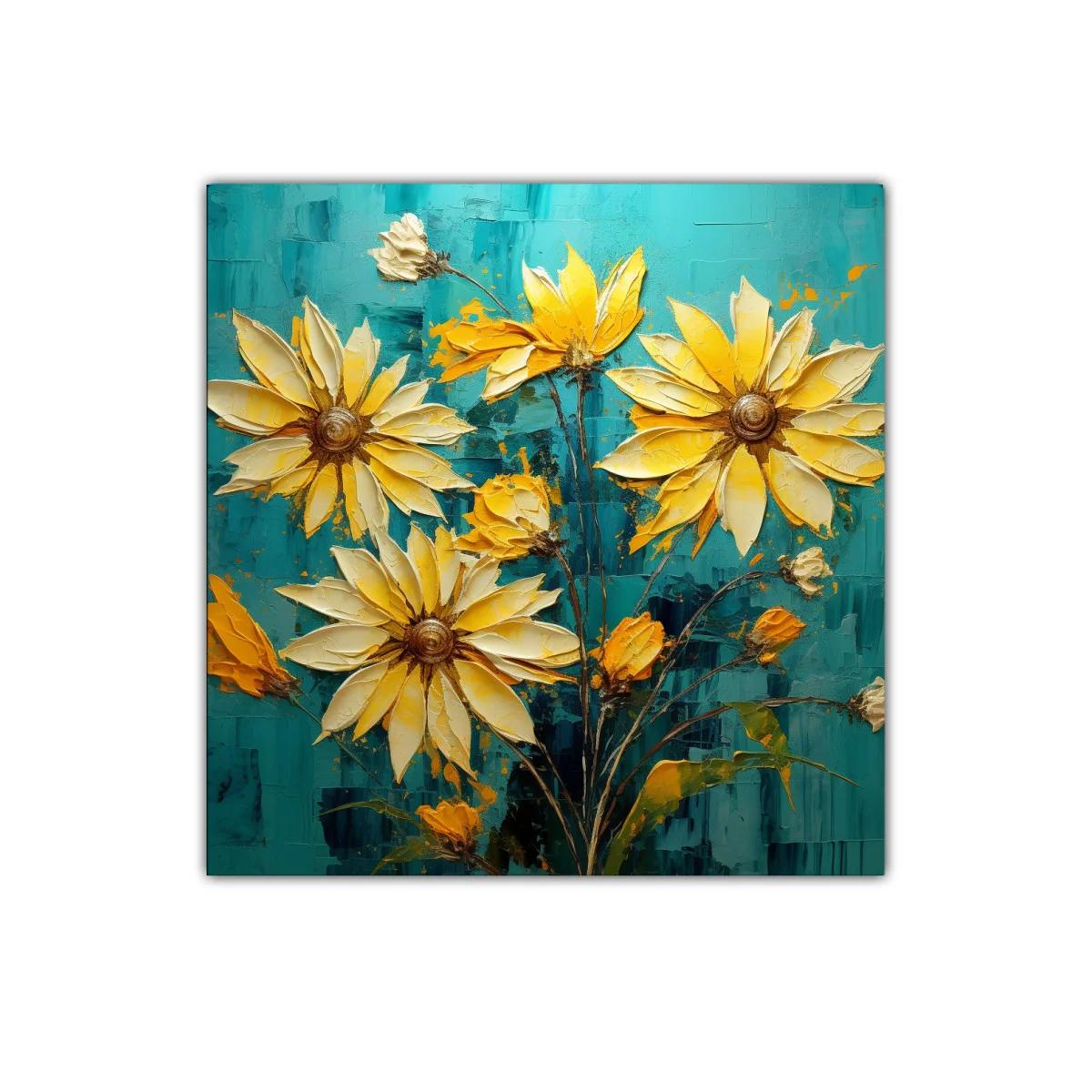 Cuadro con vibrantes flores amarillas sobre fondo azul