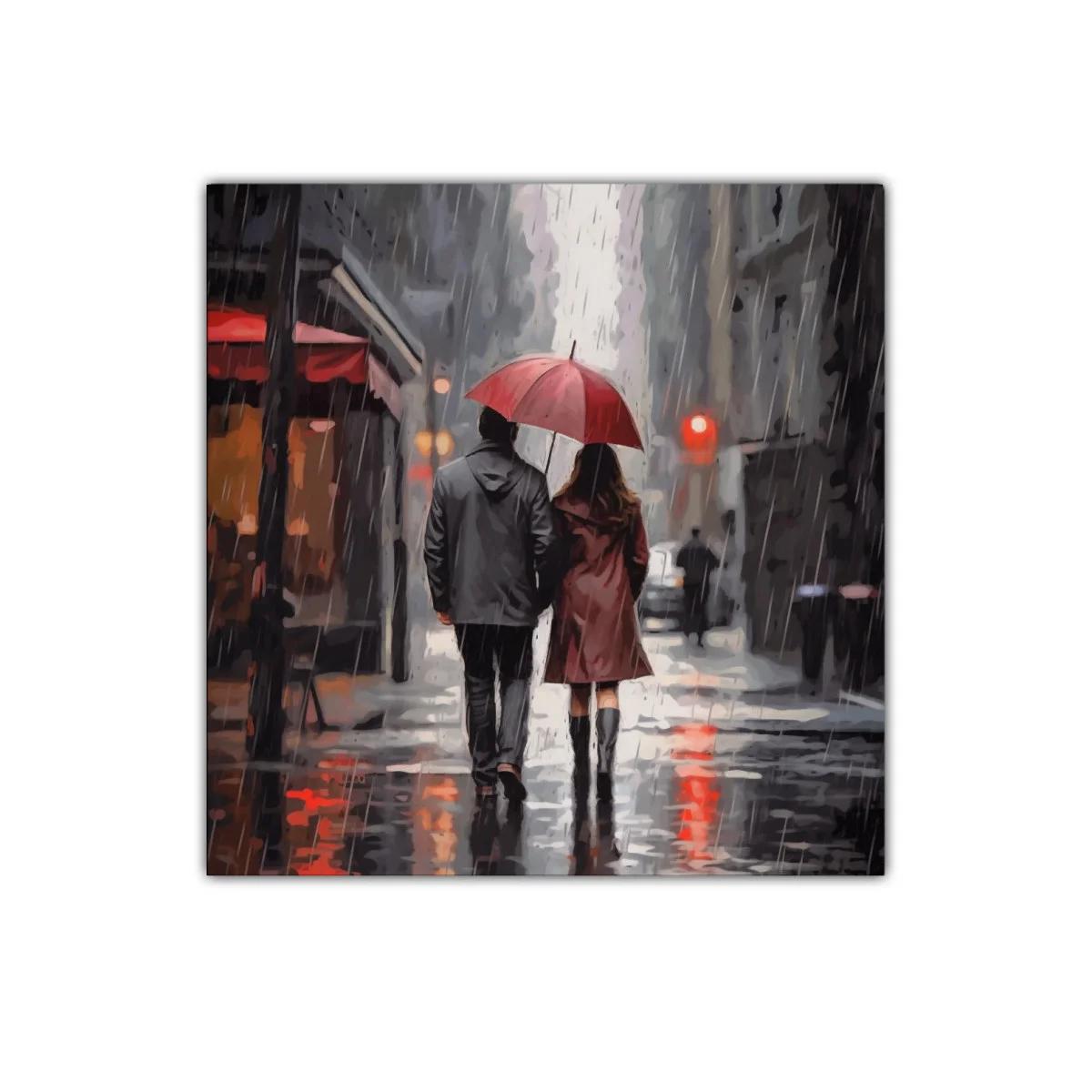 Pareja caminando bajo la lluvia con paraguas rojo — imagen principal