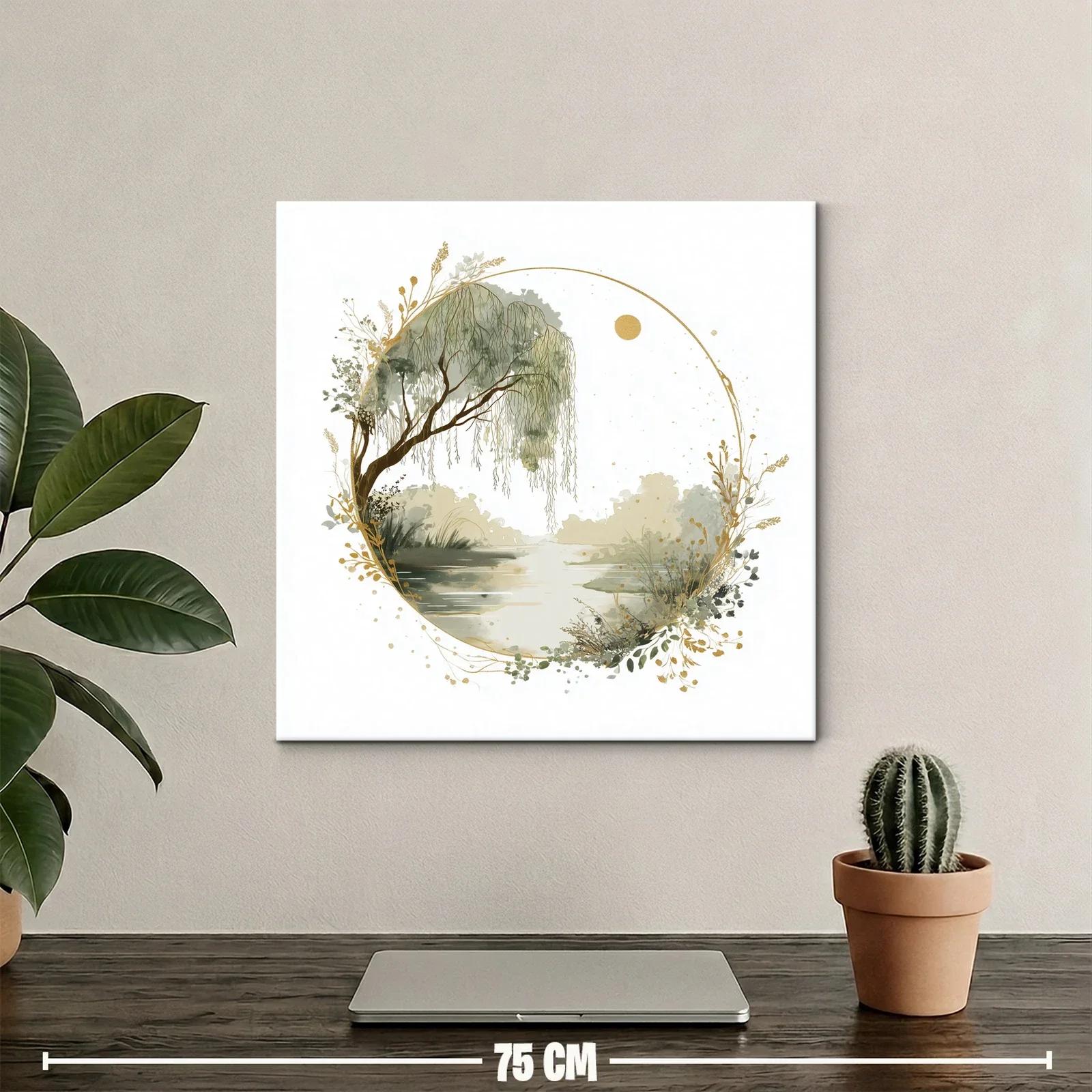 Cuadro paisaje sereno con sauce y detalles dorados — miniatura 2