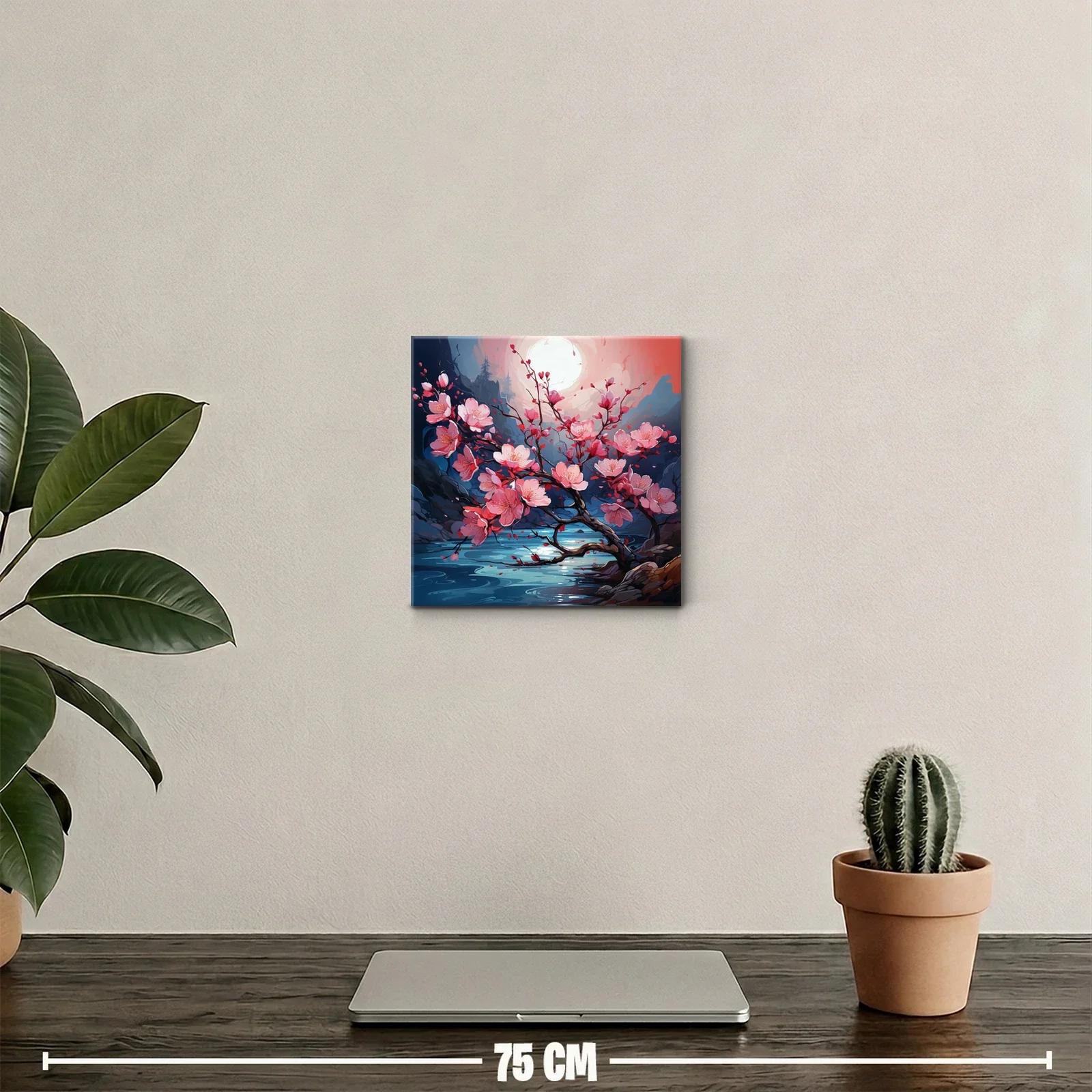 Rama de flores rosas bajo la luna en paisaje sereno — miniatura 2
