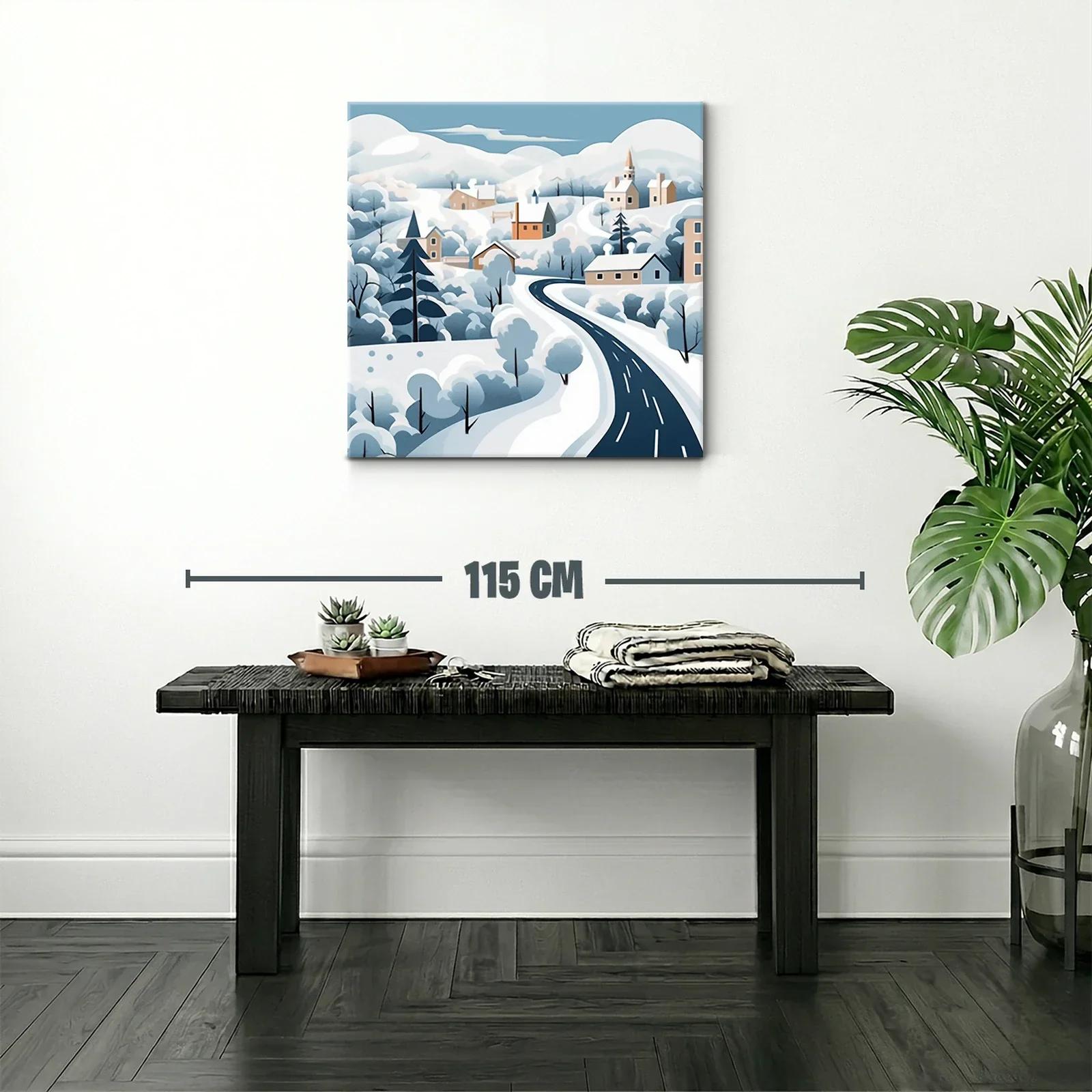 Paisaje invernal con carretera serpenteante y casas — miniatura 2
