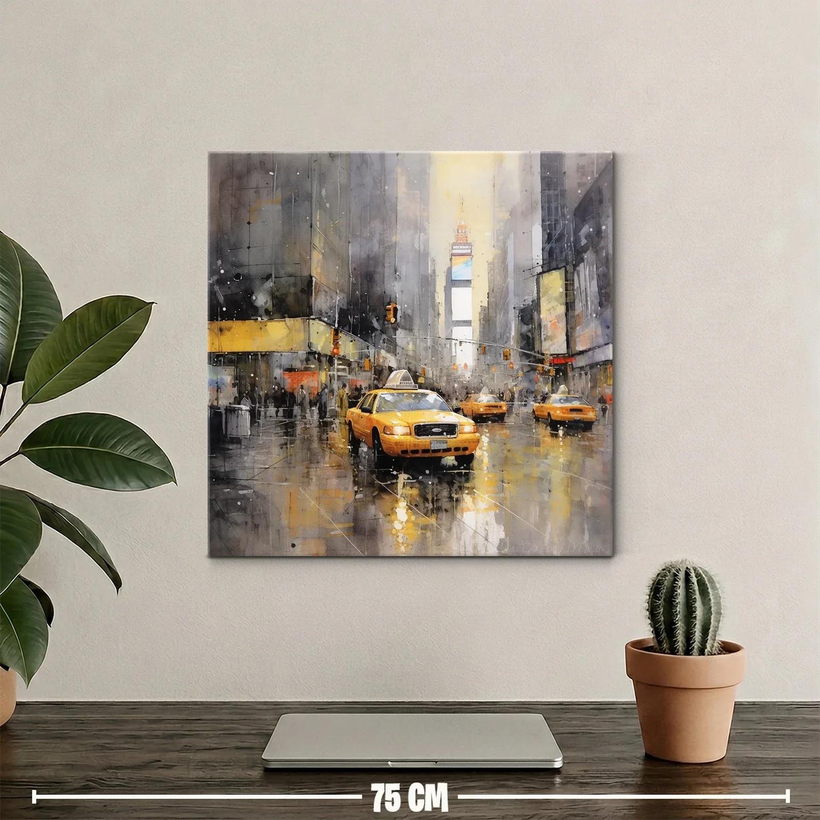 Cuadro urbano con taxis amarillos y reflejos en la lluvia — miniatura 2