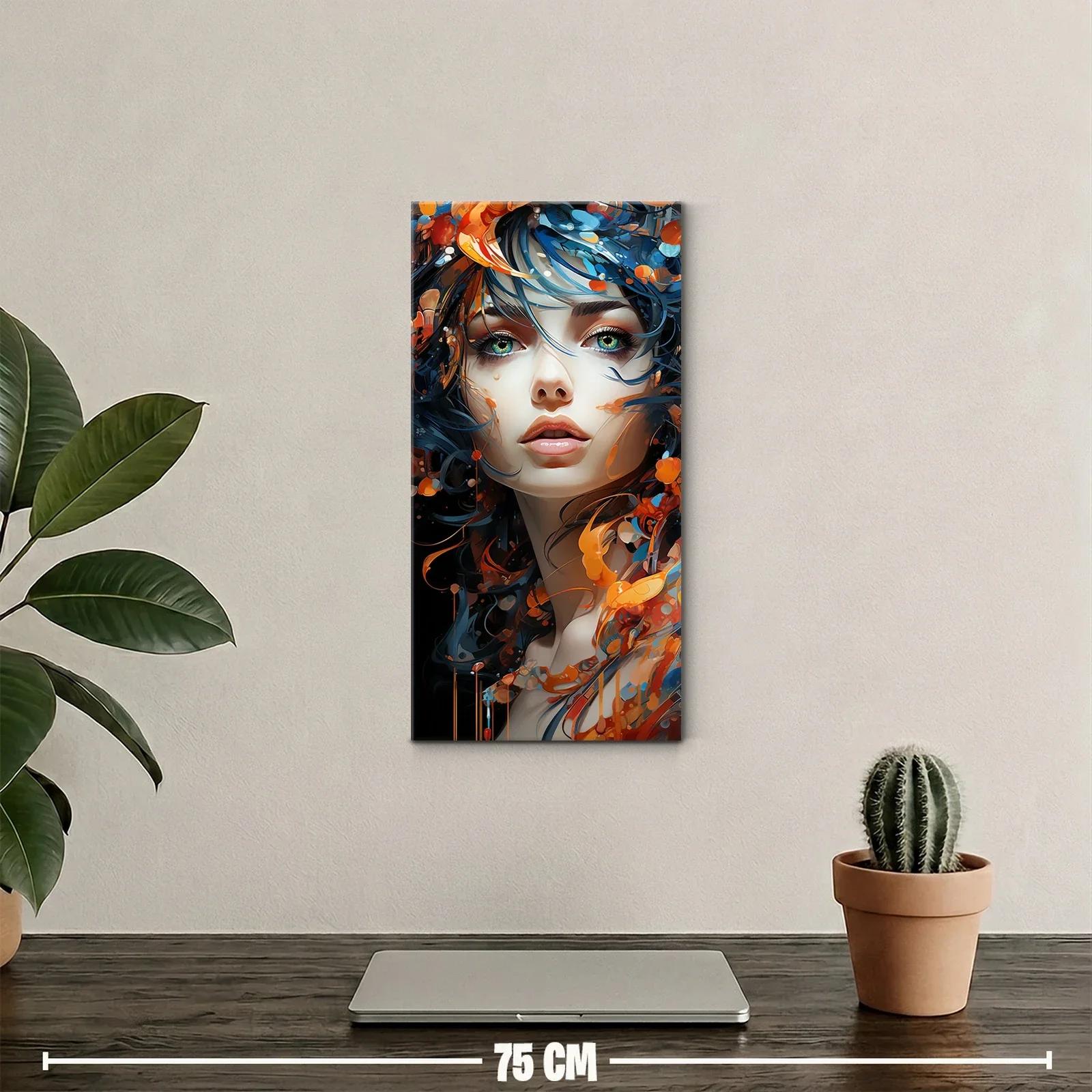 Cuadro rostro de mujer de ojos verdes con cabello azul y pétalos — miniatura 2
