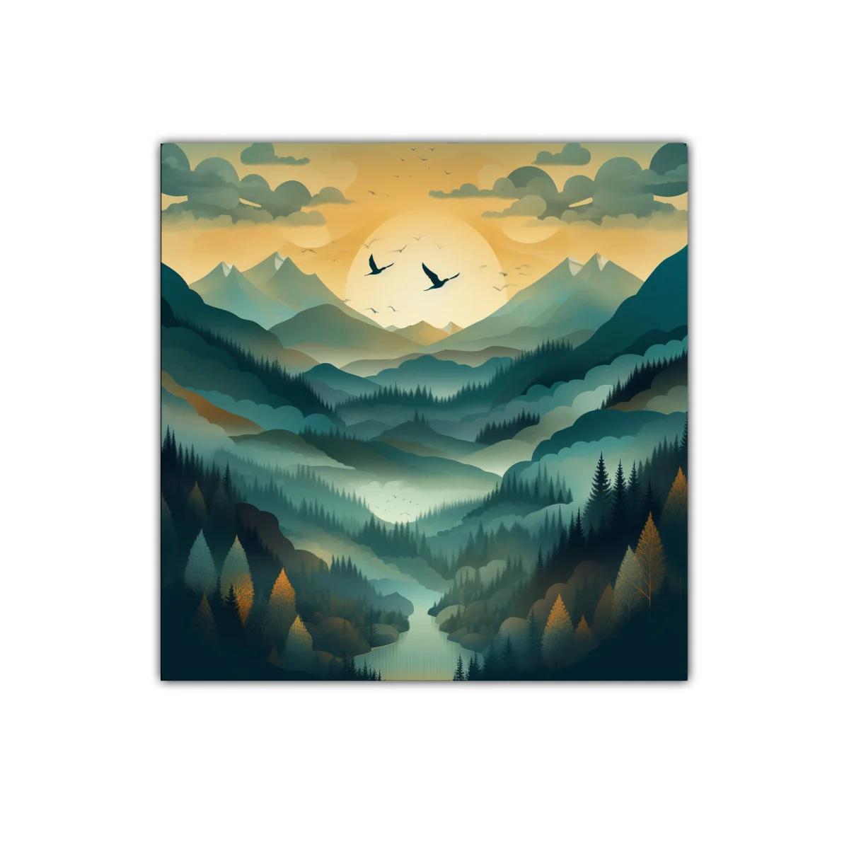 Paisaje de montañas con amanecer y vuelo de aves — imagen principal
