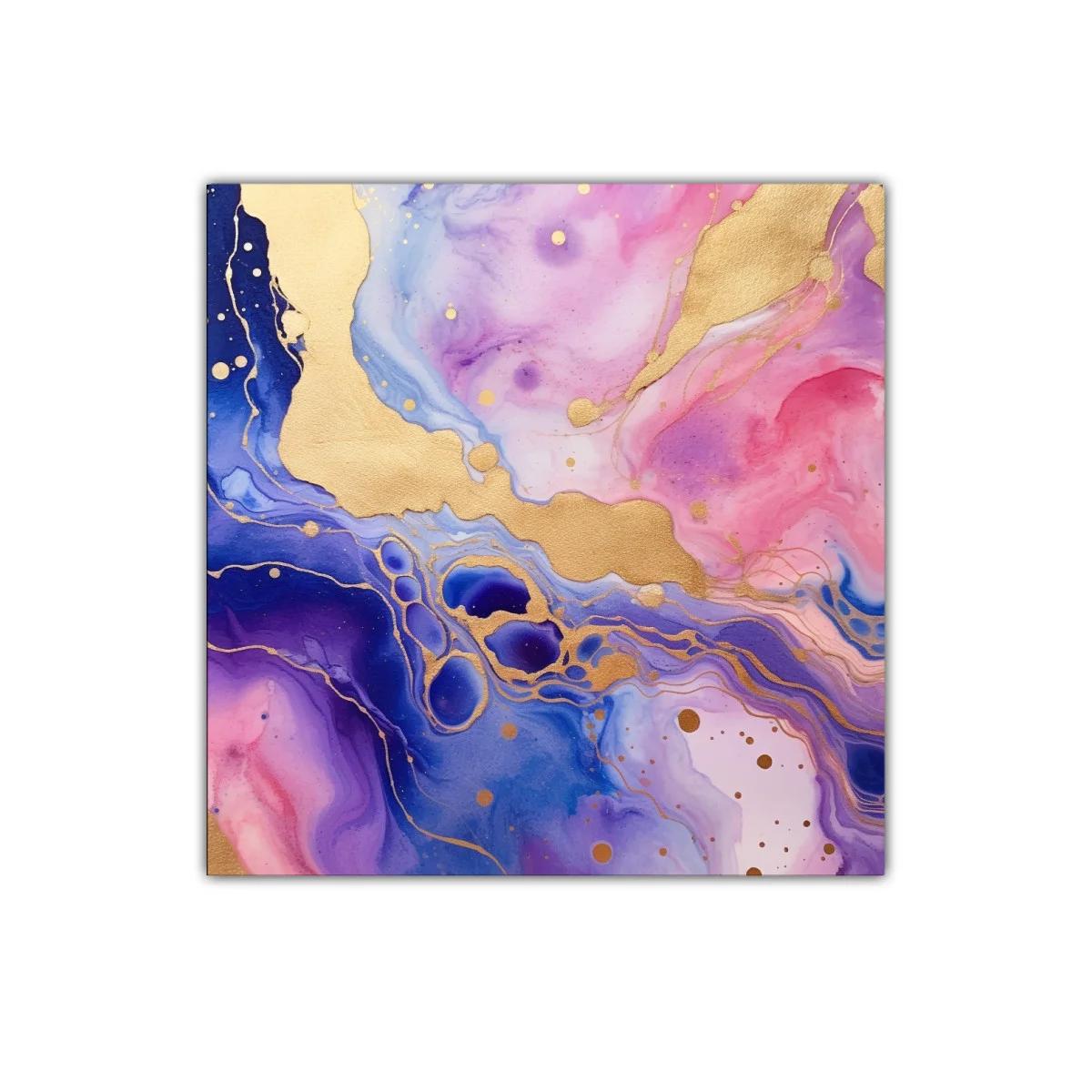 Cuadro abstracto con tonos dorados y púrpuras vibrantes